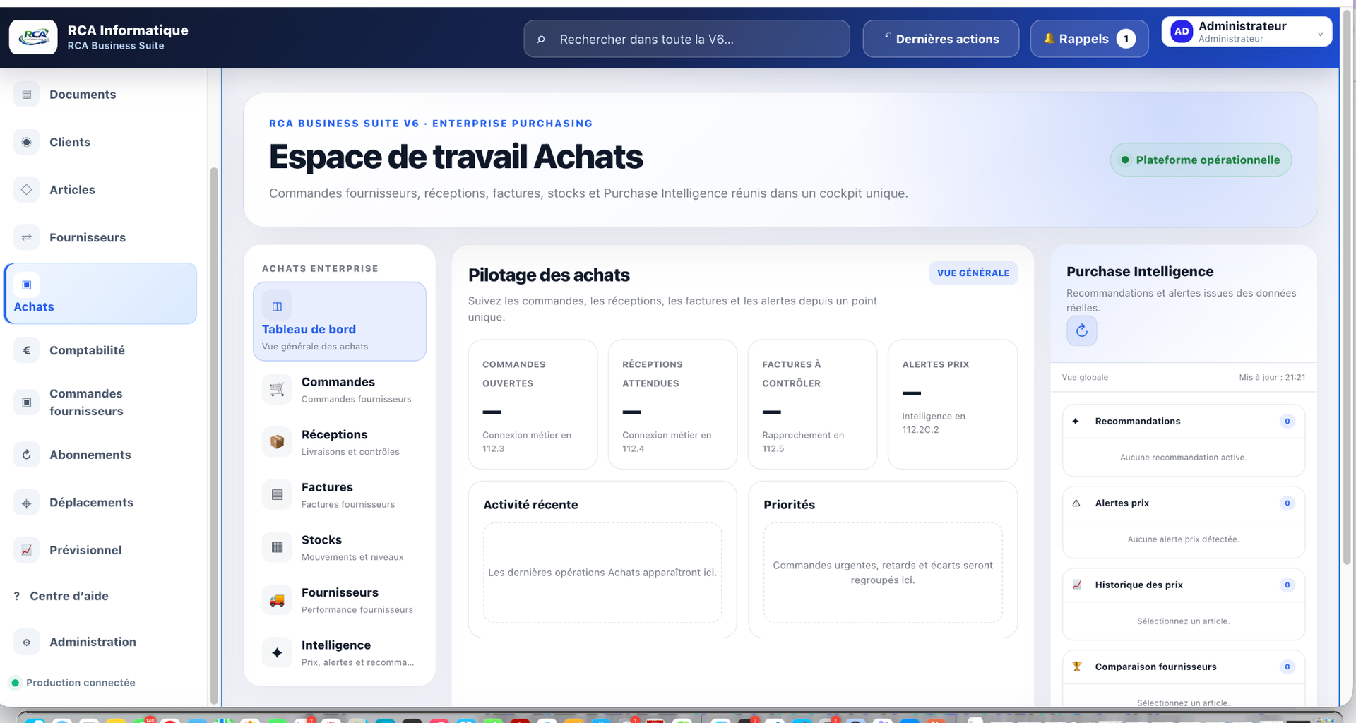 Interface réelle Espace de travail Achats de RCA Business Suite V6