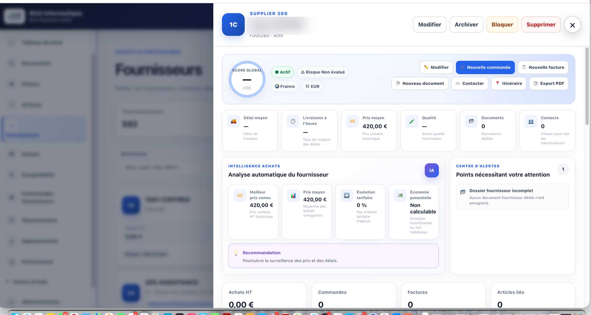Interface réelle Supplier 360 de RCA Business Suite V6